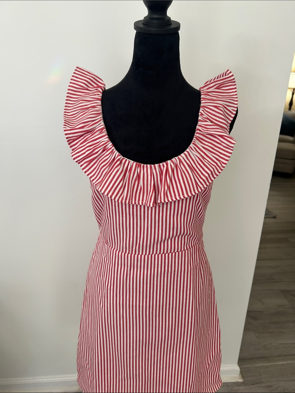 Striped Red & White Ruffle-Neck Mini Dress